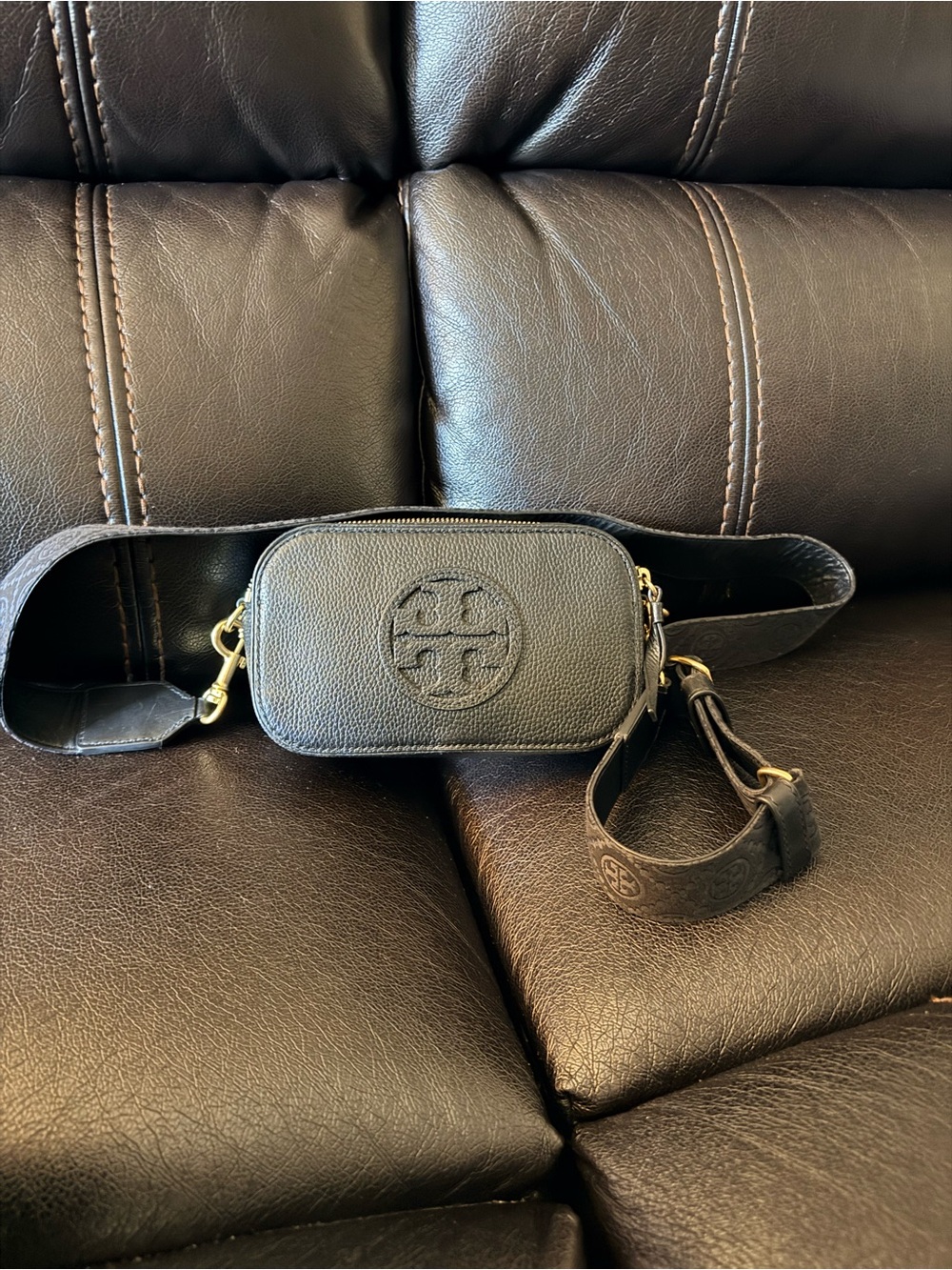Tory Burch Black Pebbled Leather Belt Bag with Logo